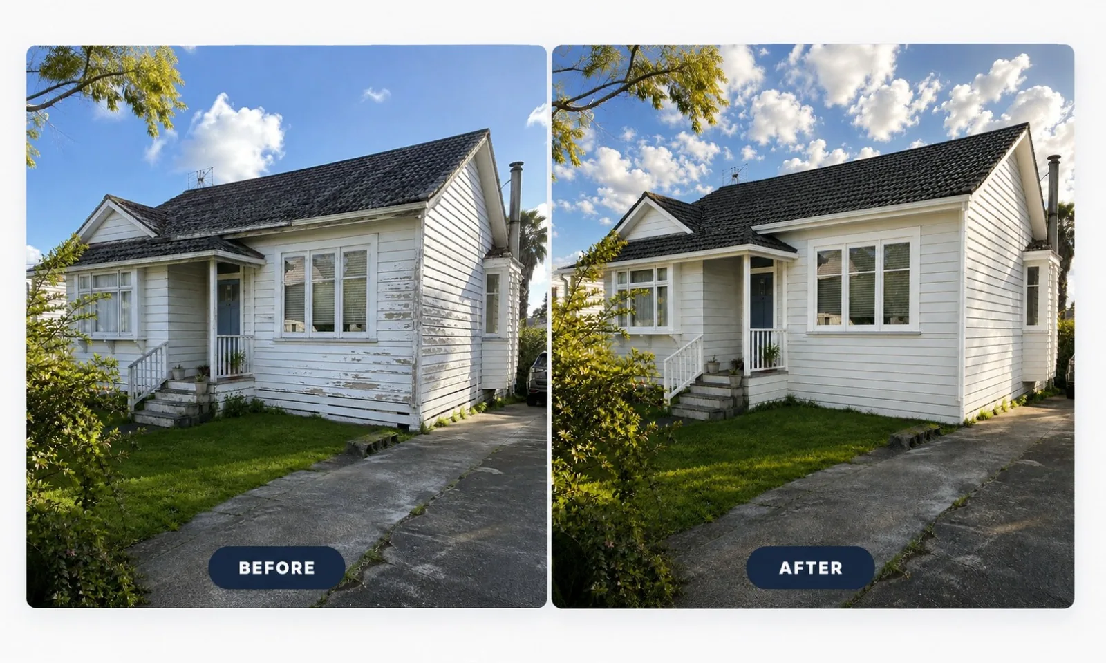 Side-by-side comparison of a weatherboard house before repainting, with peeling white paint, and after a fresh white exterior finish
