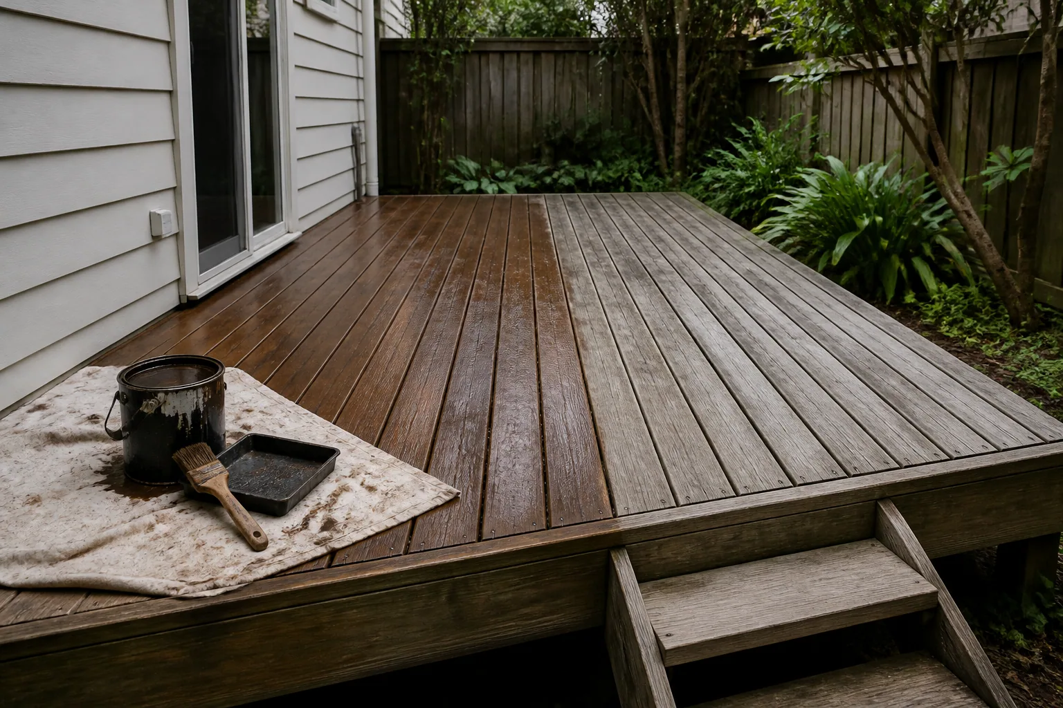 Partly recoated timber deck at an ordinary Auckland home
