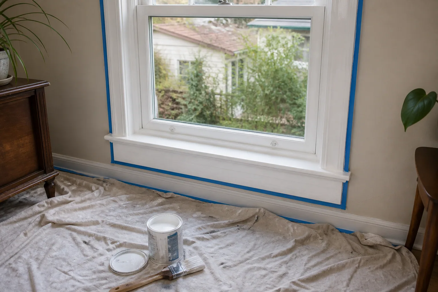 Masked timber window frame prepared for a fresh coat of paint
